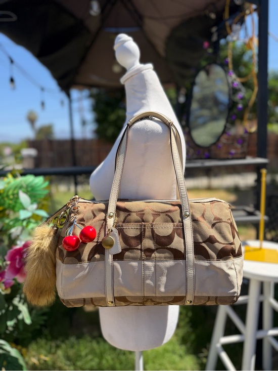Coach Handbags - Coach Khaki/Beige Signature Canvas Shoulder Bag with Pearl Charm